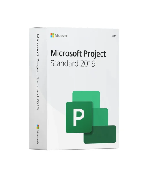 Boîte de Microsoft Project Standard 2019 avec logo Microsoft, icône verte "P" et nom du produit visible en face avant et sur la tranche.
