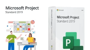 Microsoft Project Standard 2019 product box with team illustration and planning board on a white background