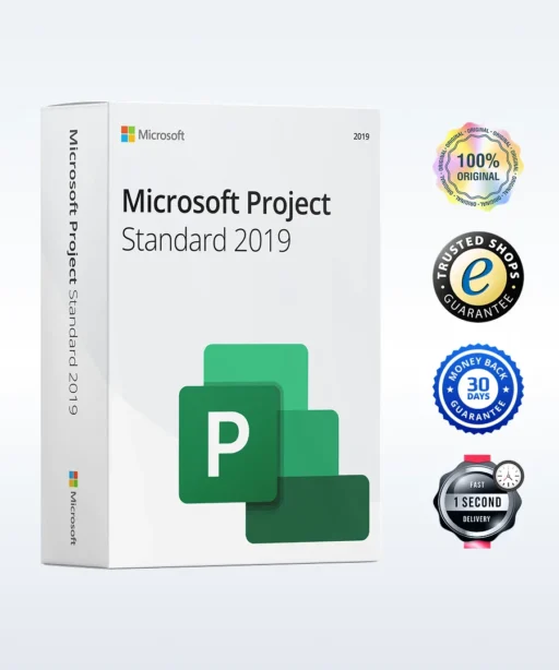 Boîte du logiciel Microsoft Project Standard 2019 avec quatre badges qualité : 100% original, Trusted Shops, remboursement et livraison rapide.