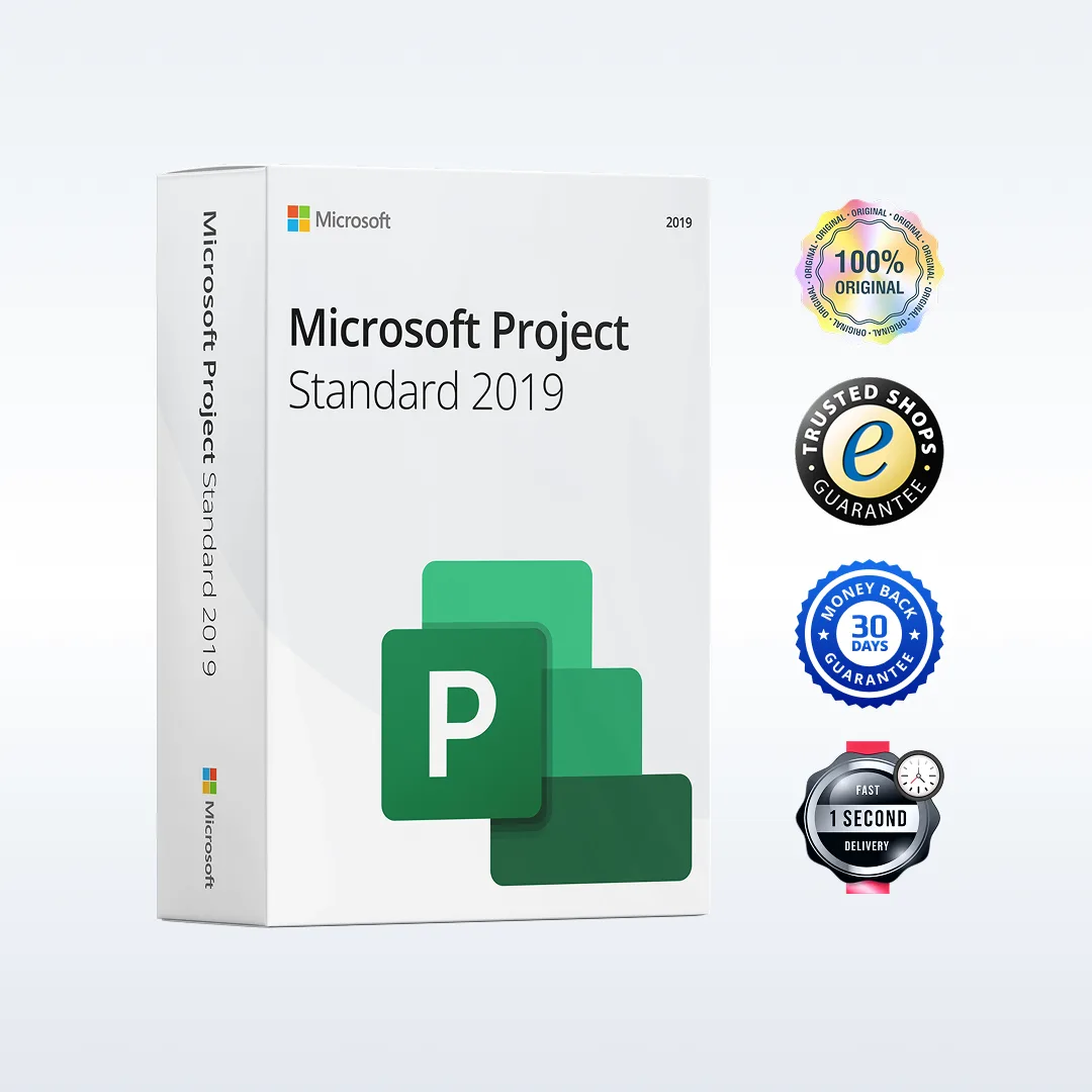 Boîte du logiciel Microsoft Project Standard 2019 avec quatre badges qualité : 100% original, Trusted Shops, remboursement et livraison rapide.