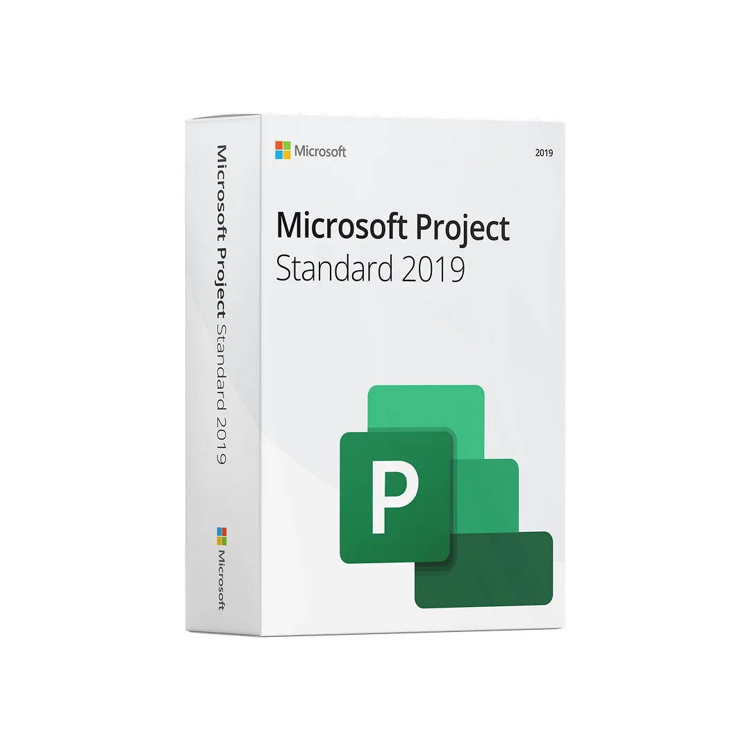 Boîte de Microsoft Project Standard 2019 avec logo Microsoft, icône verte "P" et nom du produit visible en face avant et sur la tranche.
