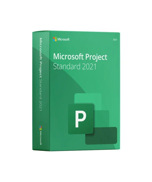 Boîte verte du logiciel Microsoft Project Standard 2021 avec logo Microsoft et grande icône P sur fond blanc plain, visible sur keyfy.fr.