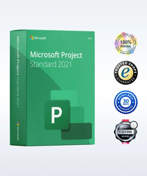 Boîte verte de Microsoft Project Standard 2021 à côté de badges : 100% original, garantie, remboursement 30j, livraison rapide.