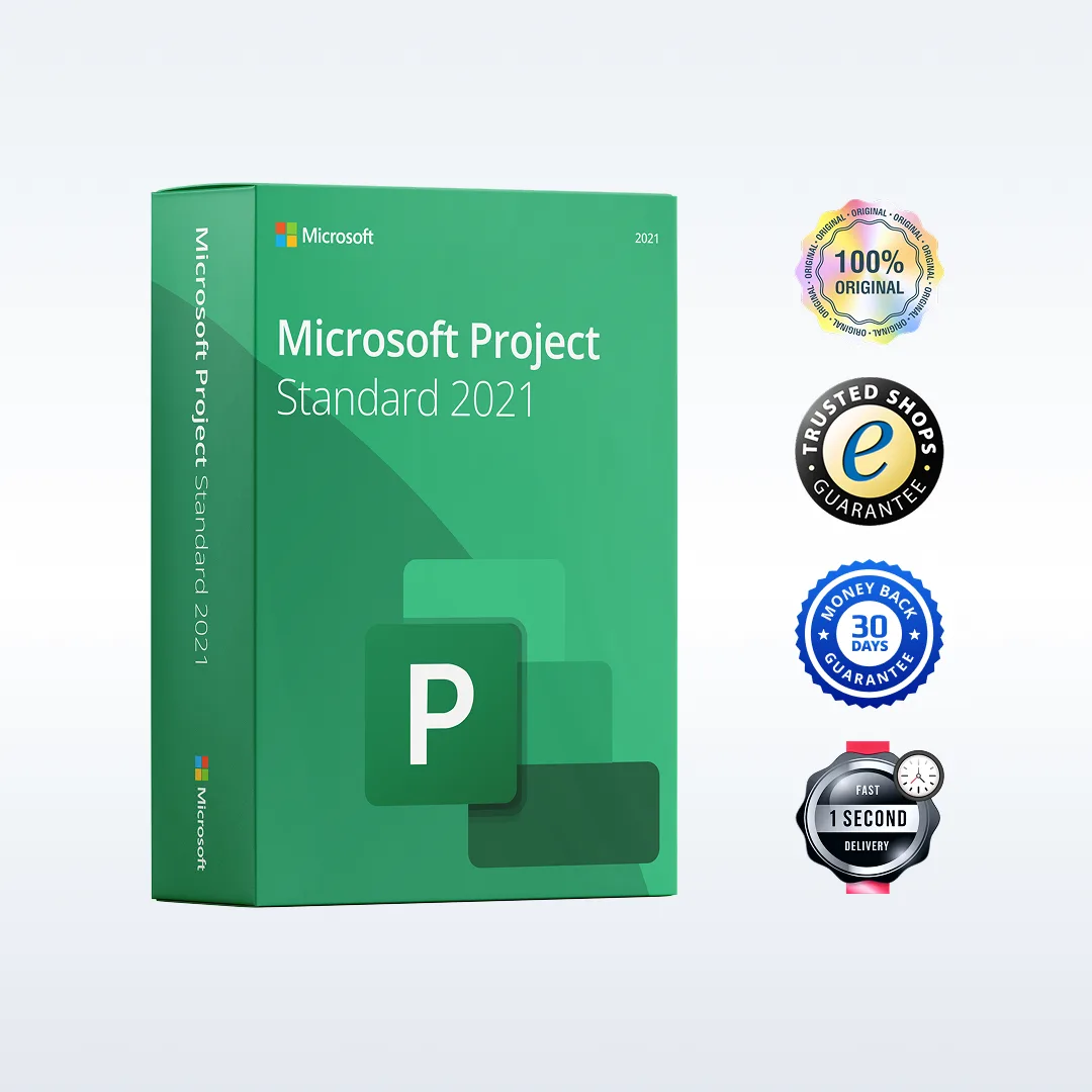 Boîte verte de Microsoft Project Standard 2021 à côté de badges : 100% original, garantie, remboursement 30j, livraison rapide.