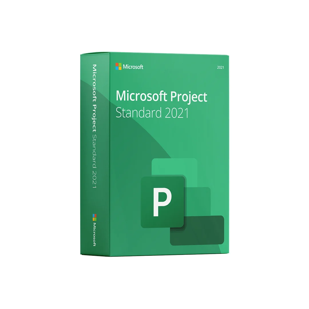 Boîte verte du logiciel Microsoft Project Standard 2021 avec logo Microsoft et grande icône P sur fond blanc plain, visible sur keyfy.fr.