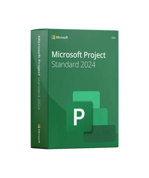 Boîte verte Microsoft Project Standard 2024, logo Microsoft et grand icône "P" sur le devant, texte blanc avec nom et année.
