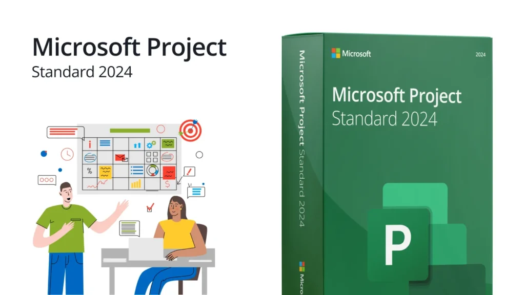 Boîte Microsoft Project Standard 2024 avec illustration d’équipe et tableau de planification sur fond blanc