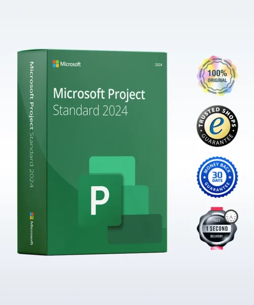 Boîte verte Microsoft Project Standard 2024, affichée avec quatre badges : Original 100%, Trusted Shops, 30 jours, Livraison instantanée.
