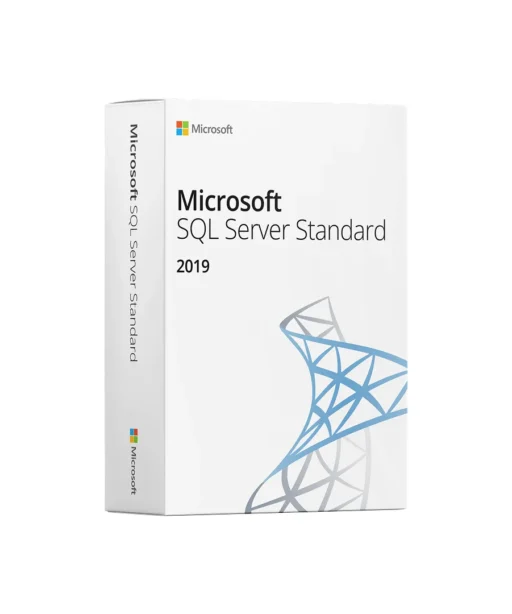 Boîte de Microsoft SQL Server Standard 2019, nom, année et motif bleu sur fond blanc, avec logo Microsoft en haut à gauche.