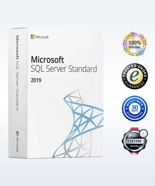 Boîte du logiciel Microsoft SQL Server Standard 2019 avec quatre badges : 100 % original, Trusted Shops, 30 jours remboursé, livraison en 1 seconde.
