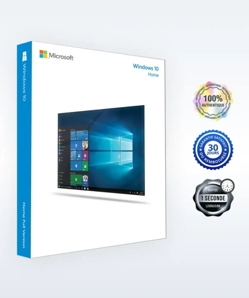 Boîte Microsoft Windows 10 Home avec badges 100% original, garantie Trusted Shops, remboursement 30 jours et livraison rapide.