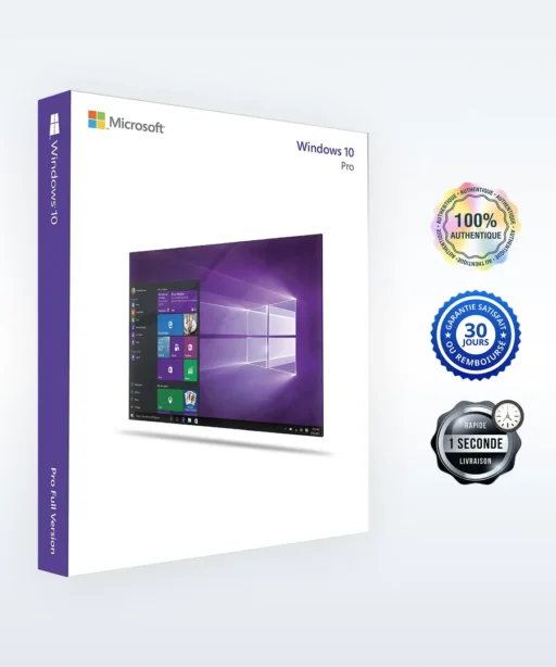 Boîte du logiciel Microsoft Windows 10 Pro avec quatre badges : 100% original, garantie, satisfait ou remboursé 30j, livraison 1s.