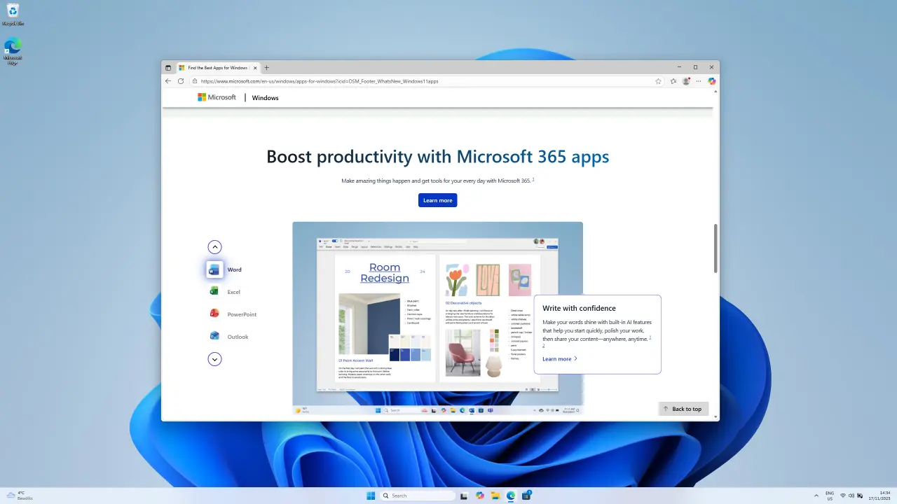 Écran d'ordinateur Windows affichant un navigateur sur la page des applications Microsoft 365, avec la barre des tâches Windows 11.
