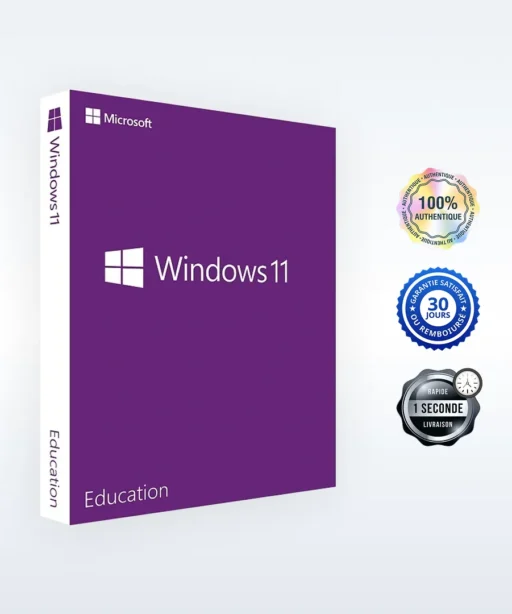 Boîte violette de Windows 11 Éducation à gauche, quatre badges à droite : originalité, boutique fiable, remboursement et livraison rapide. Fond gris clair.