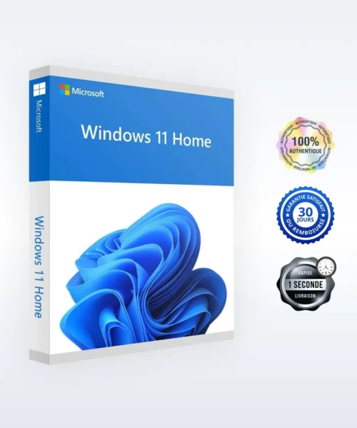 Boîte de Microsoft Windows 11 Home avec 4 badges : 100 % original, garantie, satisfait ou remboursé 30j et livraison en 1 seconde.