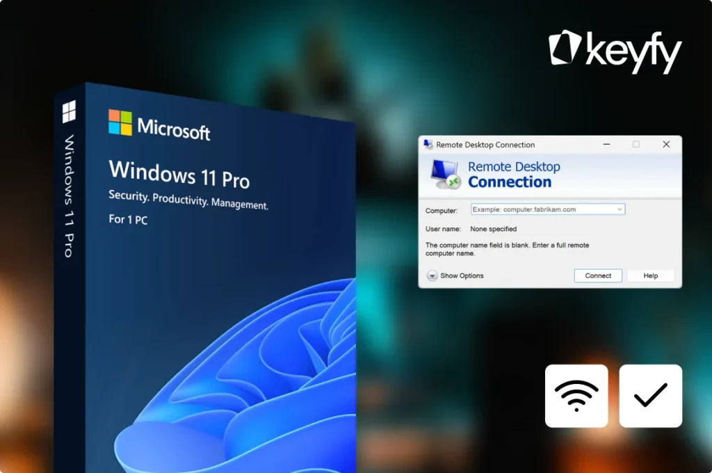 Boîte Windows 11 Pro, fenêtre Connexion Bureau à distance, icône Wi-Fi, logo keyfy et comparaison Home vs Pro sur fond bleu flou.