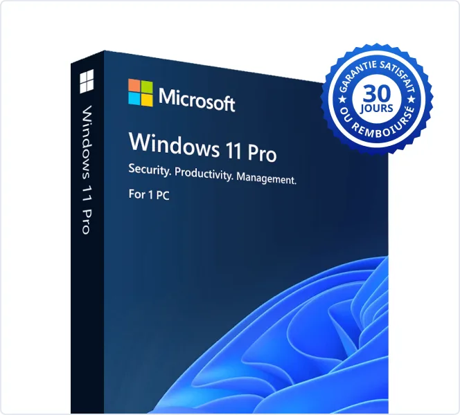 Boîte du logiciel Microsoft Windows 11 Pro, design bleu abstrait et sceau "30 jours satisfait ou remboursé" en français.