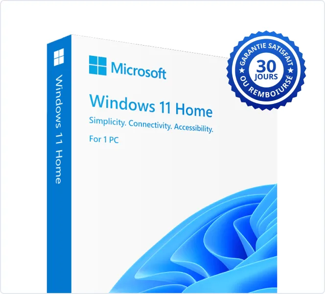 Boîte de Windows 11 Home affichant le logo Windows, nom de l'édition et motif bleu, avec sticker garantie 30 jours satisfait ou remboursé.