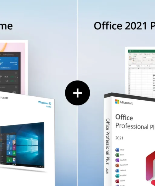 Boîtes Windows 10 Home et Office 2021 Pro Plus côte à côte avec captures d'écran, séparées par un plus, offre groupée mise en valeur.