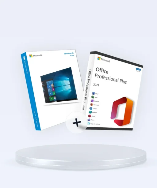 Les boîtes Windows 10 Home et Office 2021 Pro Plus sont posées sur un socle blanc rond avec un plus, offrant un pack exclusif.