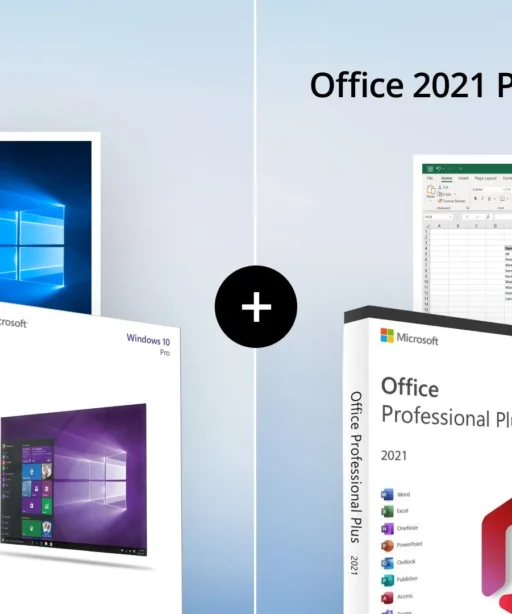 Image promotionnelle montrant des boîtes Windows 10 Professionnel et Office 2021 Pro Plus côte à côte avec un plus, offre exclusive.