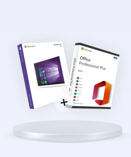 Une boîte de logiciels Windows 10 Professionnel + Office 2021 Pro Plus posée sur une plateforme blanche ronde, avec un signe plus.