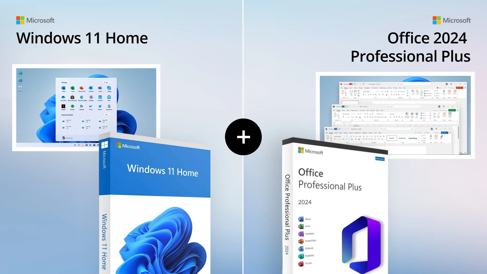 Image promotionnelle de Windows 11 Home et Office 2024 Pro Plus côte à côte, avec logos Microsoft et captures d'écran des produits.