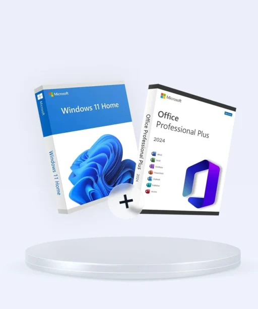 Les boîtes Windows 11 Home et Office 2024 Pro Plus sur une plateforme blanche, vague bleue et signe plus entre elles.
