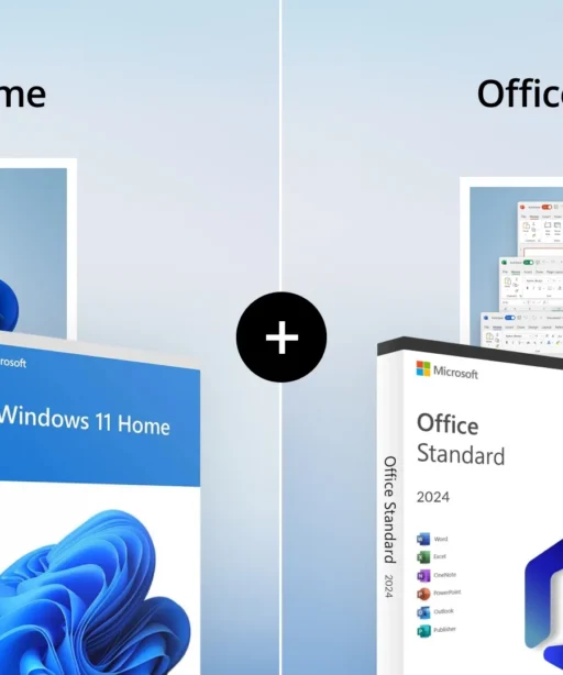 Image côte à côte de Windows 11 Home et Office 2024 Standard affichant leurs boîtes, interfaces, un plus entre eux et logos Microsoft.