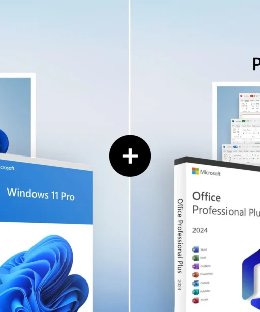 Visuel partagé affichant Windows 11 Professionnel et Office 2024 Plus, boîtes, aperçus interface et logos Microsoft en haut.