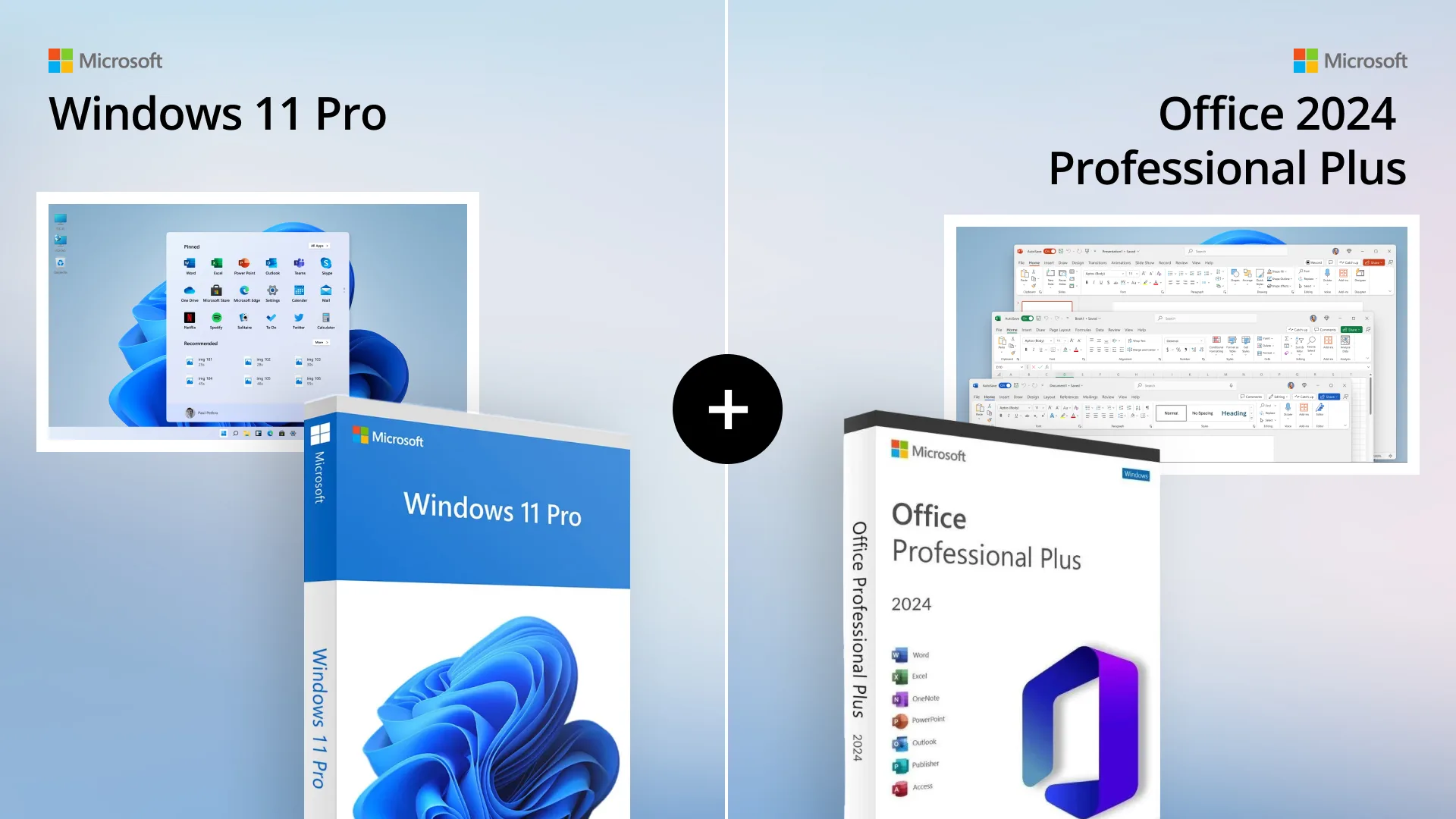 Visuel partagé affichant Windows 11 Professionnel et Office 2024 Plus, boîtes, aperçus interface et logos Microsoft en haut.