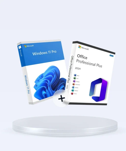 Le pack Windows 11 Professional et Office 2024 Plus est présenté sur une plateforme blanche, avec un plus au centre des boîtes.