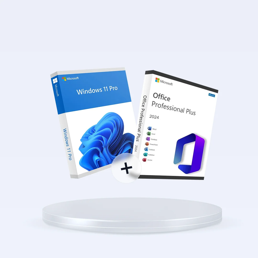 Le pack Windows 11 Professional et Office 2024 Plus est présenté sur une plateforme blanche, avec un plus au centre des boîtes.