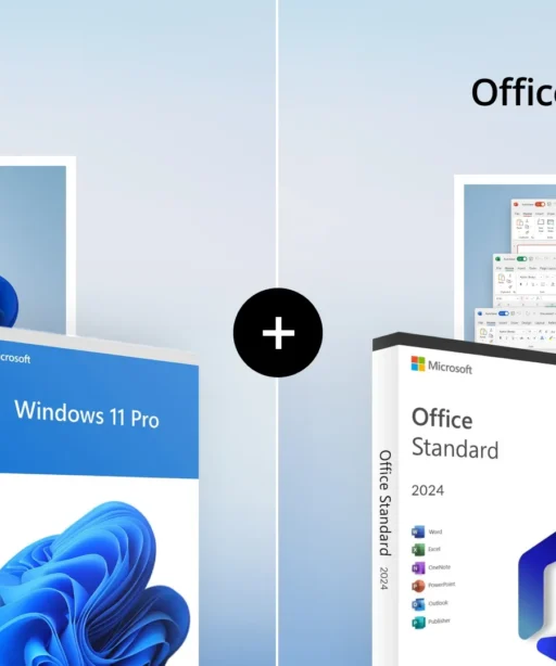 Image montrant les boîtes de Windows 11 Professionnel et Office 2024 Standard côte à côte, avec un + symbolisant le pack logiciel.