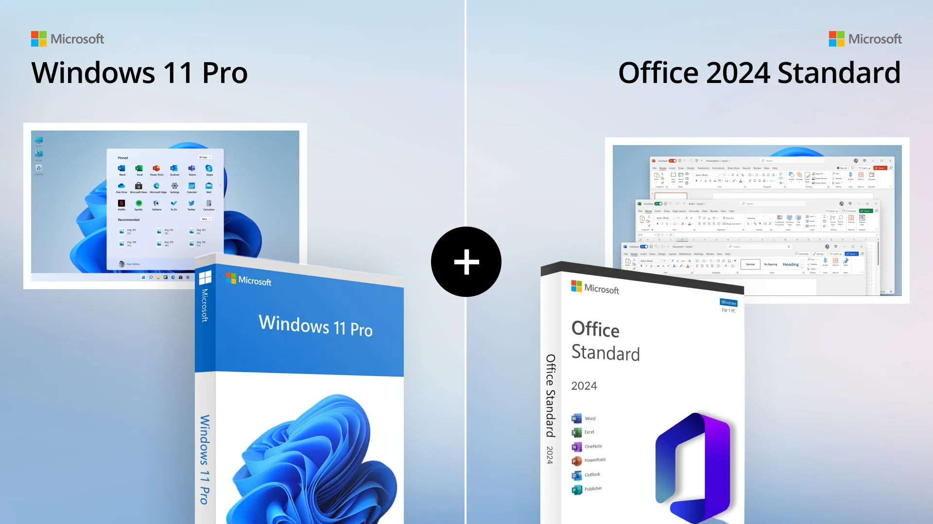 Image montrant les boîtes de Windows 11 Professionnel et Office 2024 Standard côte à côte, avec un + symbolisant le pack logiciel.