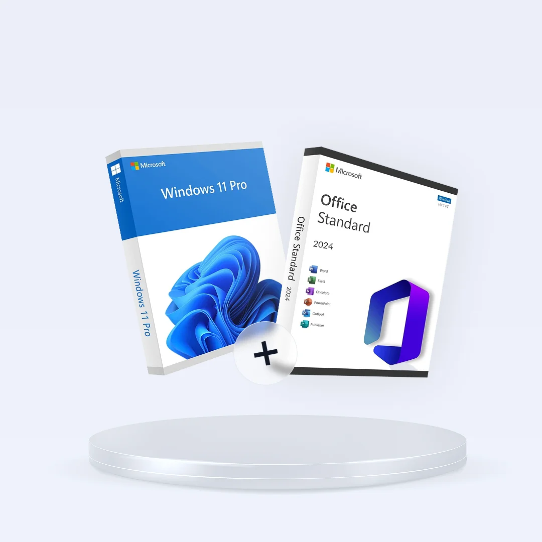 La boîte Windows 11 Professional + Office 2024 Standard flotte au-dessus d'un socle blanc circulaire orné d'un plus, sur fond clair.