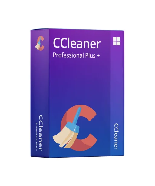 Boîte bleue et violette du logiciel CCleaner Professional Plus+, avec un grand C, un logo balai et le symbole Windows en haut à droite.