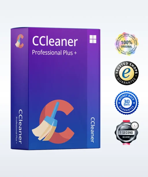 À gauche, une boîte du logiciel CCleaner Professional Plus+ ; à droite, quatre badges : 100% original, garantie Trusted Shops, remboursement 30 jours et livraison en 1 seconde.