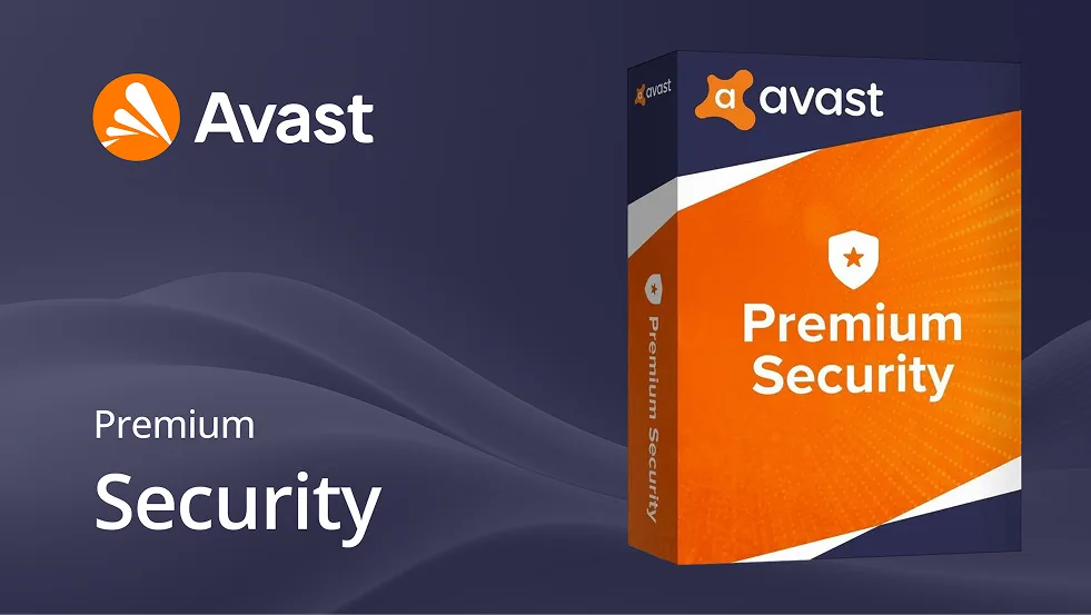 Image numérique présentant une boîte Avast Premium Security au design orange et bleu, logo Avast et texte " Premium Security ".