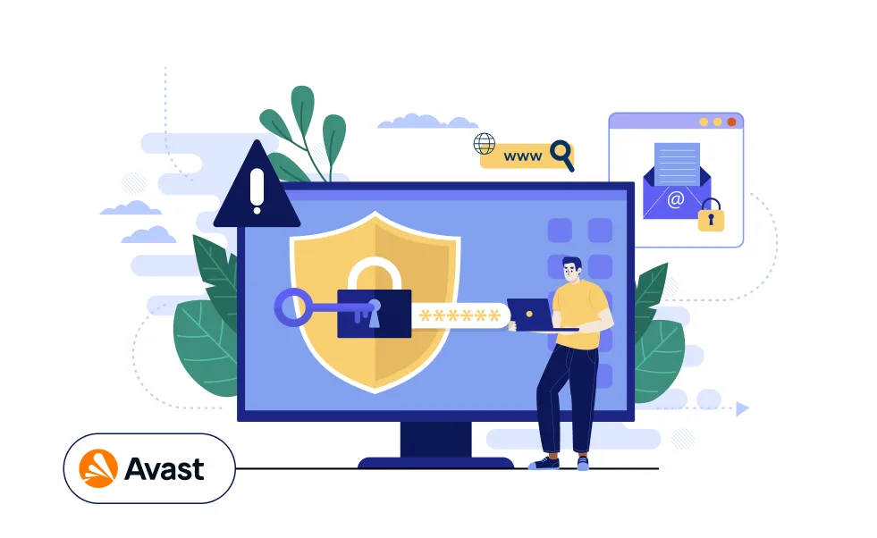 Illustration d'une personne près d'un écran affichant un bouclier et un cadenas, symbolisant la cybersécurité avec clé, icônes de recherche et logo Avast en bas à gauche.