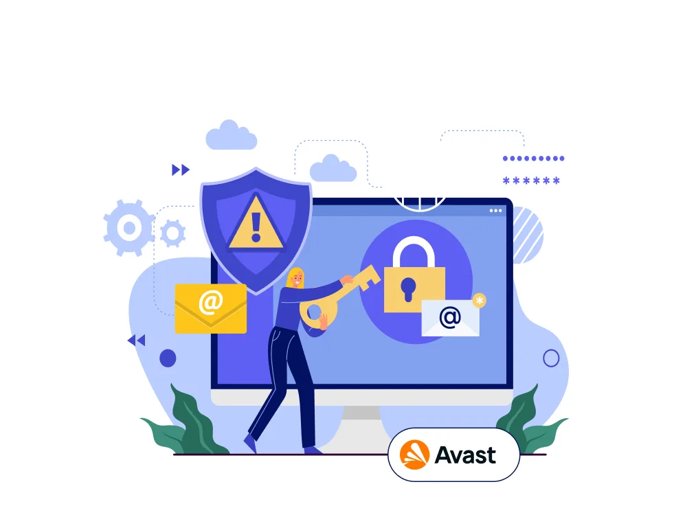 Illustration d'une personne tenant une grande clé devant un écran avec cadenas, emails, bouclier de sécurité et logo Avast en bas.