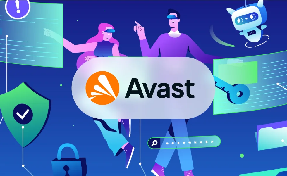 Illustration de deux personnes avec des casques VR, icônes numériques (bouclier, cadenas, clé, chatbot, barre de recherche) et logo Avast au centre pour symboliser la cybersécurité.