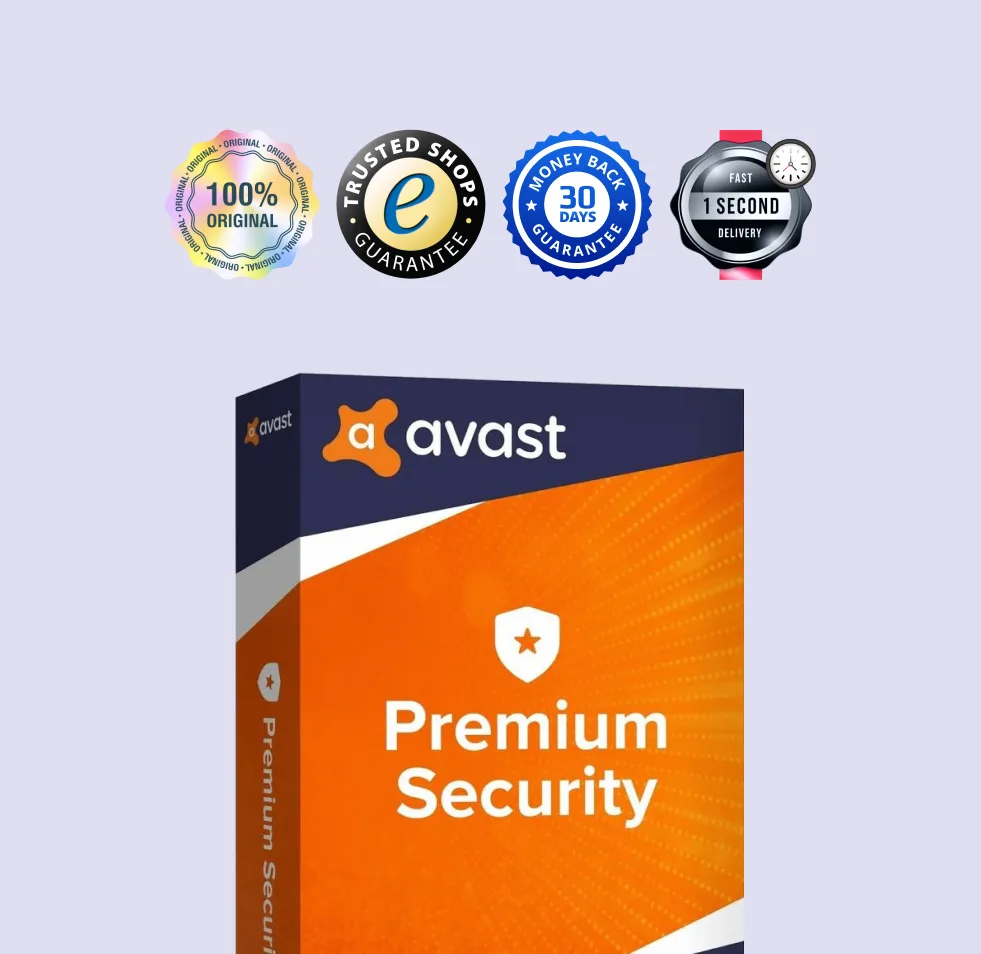 Boîte Avast Premium Security sous quatre badges : 100% original, boutique de confiance, 30 jours satisfait ou remboursé, livraison rapide sur fond violet clair.