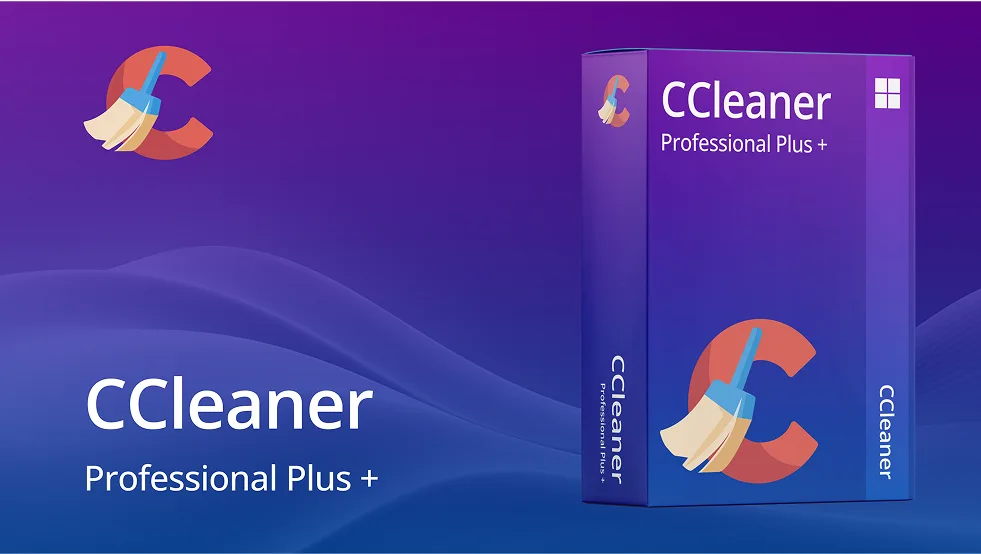 Boîte du logiciel CCleaner Professional Plus+ sur fond dégradé violet, logo avec balai et grand C, texte " CCleaner Professional Plus+ ".