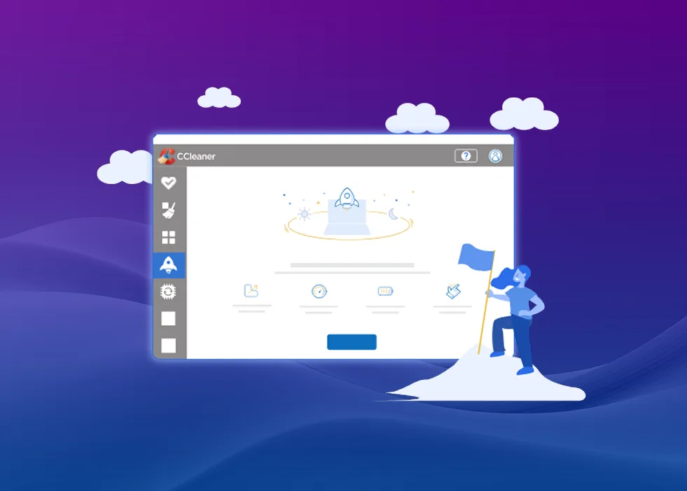 Fenêtre du logiciel CCleaner sur fond violet nuageux, avec un personnage dessin animé brandissant un drapeau sur une colline.