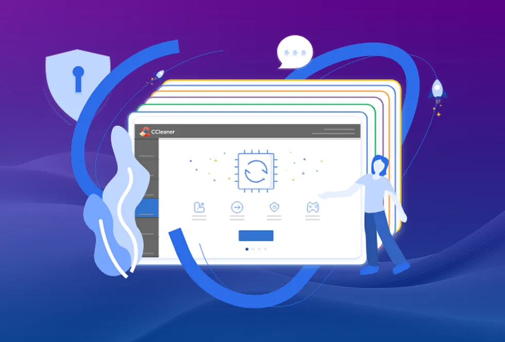 Illustration d'une personne près d'un écran affichant CCleaner, avec icônes sécurité et optimisation sur fond violet abstrait.