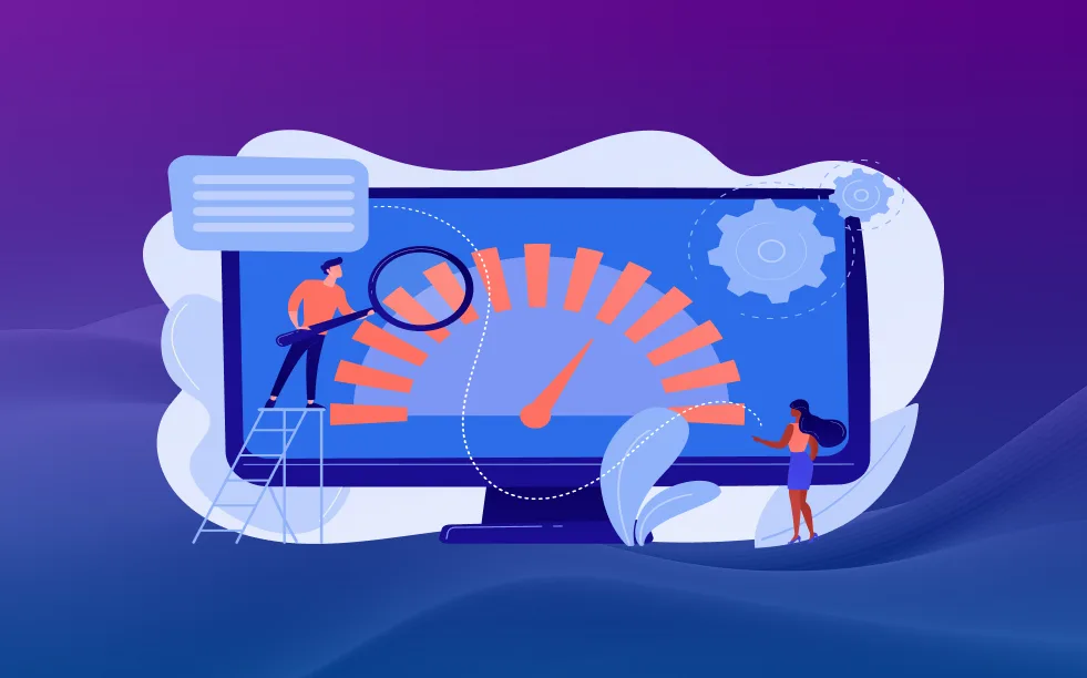 Illustration de deux personnes analysant un écran d'ordinateur avec un tachymètre, optimisant la performance d'un site web.