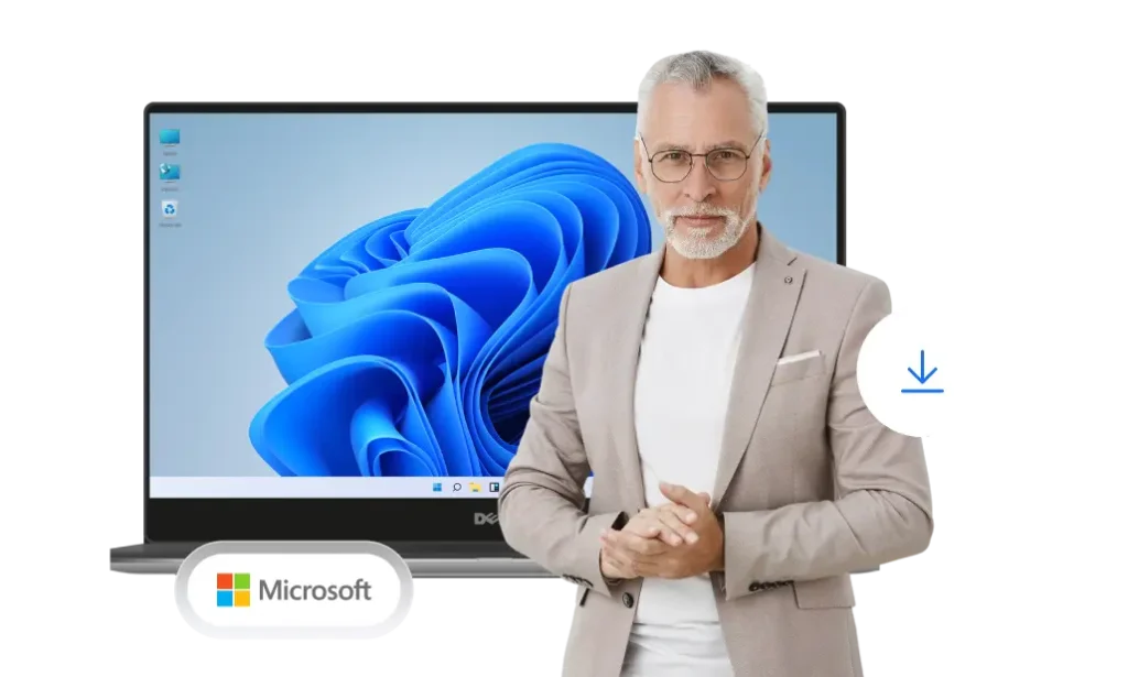 Un homme aux cheveux gris et à la barbe se tient devant un ordinateur portable affichant Windows 11, avec logo Microsoft et icône de téléchargement.