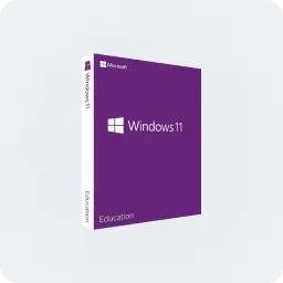 Boîte violette de Microsoft Windows 11 Éducation debout sur fond gris clair, avec logo Windows et texte "Windows 11" en façade.