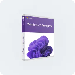 Boîte de vente Microsoft Windows 11 Enterprise avec design violet, logo Windows 11 et branding visibles sur la face avant.